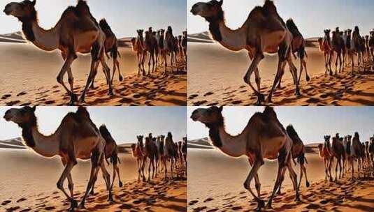 沙漠中行进的骆驼群高清在线视频素材下载