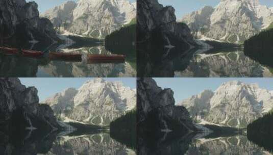 无人机视图接近Lago di Braies表面，Dolomiti高清在线视频素材下载