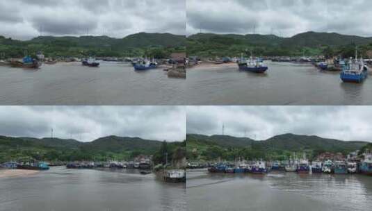 台风天躲避在渔港的渔船高清在线视频素材下载