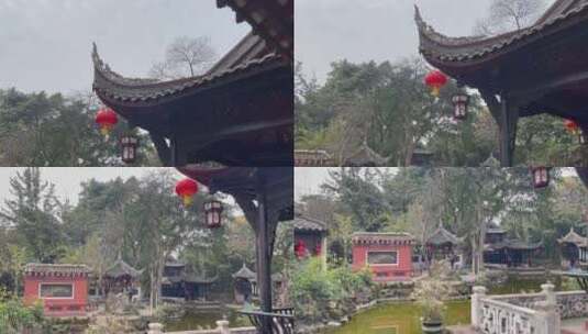 中式庭院红灯笼亭子湖水亭阁1高清在线视频素材下载
