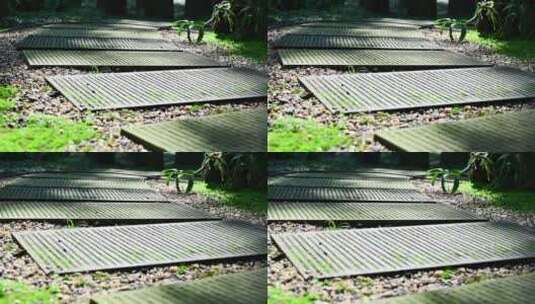清晨阳光洒落在古典园林青石板路慢镜头特写高清在线视频素材下载