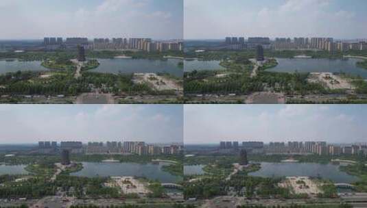 山东淄博齐盛湖公园海岱楼航拍高清在线视频素材下载