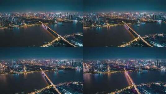 湖北武汉长江大桥夜景航拍城市天际线高清在线视频素材下载