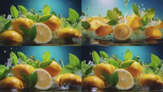 水果柠檬水饮料特写新鲜橙子慢动作水滴薄荷高清在线视频素材下载
