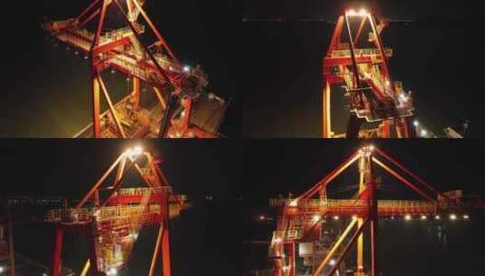 4K航拍鄂州三江港码头夜景港机吊机起重机高清在线视频素材下载