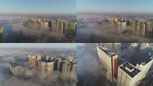 盘锦平流雾、高楼、CBD、城市风光高清在线视频素材下载