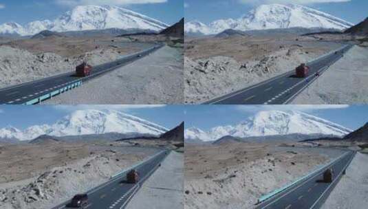 慕士塔格峰脚下的公路行驶的车高清在线视频素材下载