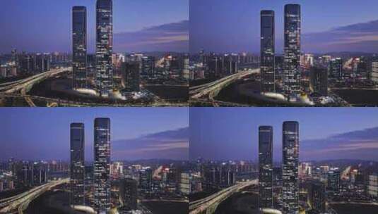 杭州世茂智慧之门夜景航拍高清在线视频素材下载
