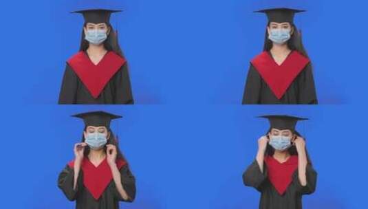 身着毕业服的女学生摘下了口罩高清在线视频素材下载