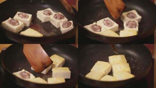 平底锅煎肉馅酿豆腐 (3)高清在线视频素材下载