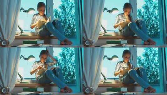 傍晚女孩坐在窗台上看书高清在线视频素材下载