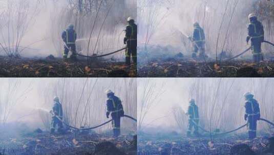 消防员在树林里泼水高清在线视频素材下载