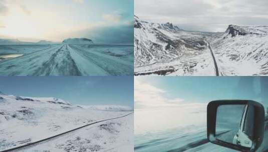汽车在冰天雪地荒原上行驶风雪高清在线视频素材下载