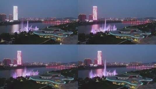 航拍上虞曹娥江水上音乐喷泉,城市阳台高清在线视频素材下载