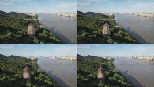 航拍钱塘江畔古建筑六和塔高清在线视频素材下载