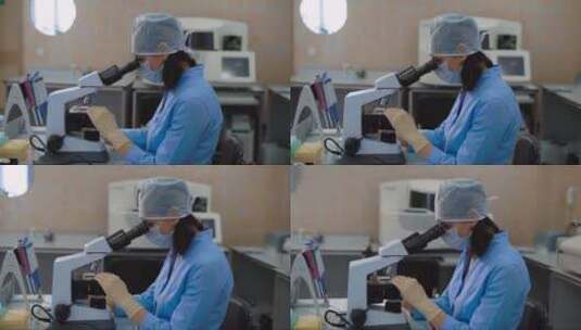 穿着蓝色实验室外套的女性医学助理在实验室高清在线视频素材下载