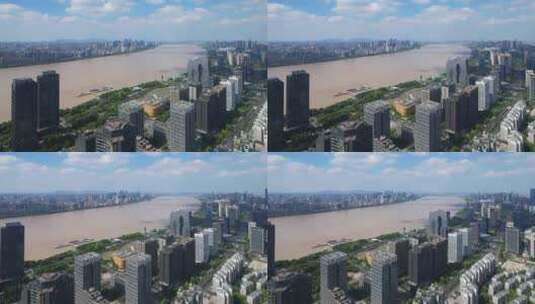 蓝天白云下杭州钱塘江滨江现代城市风光航拍高清在线视频素材下载
