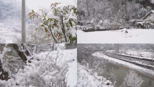 新农村景区冬天下雪雪花飘舞雪景景观7高清在线视频素材下载