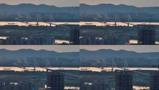 航拍落日下的南京大胜关长江大桥高清在线视频素材下载