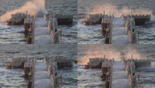 山东威海金海湾栈桥冬天冰封景观海浪高清在线视频素材下载