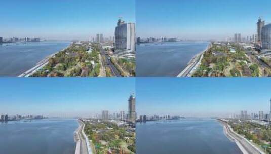 航拍杭州钱塘江两岸城市天际线高清在线视频素材下载