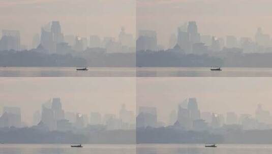 清晨杭州城市高楼与西湖风光空镜高清在线视频素材下载