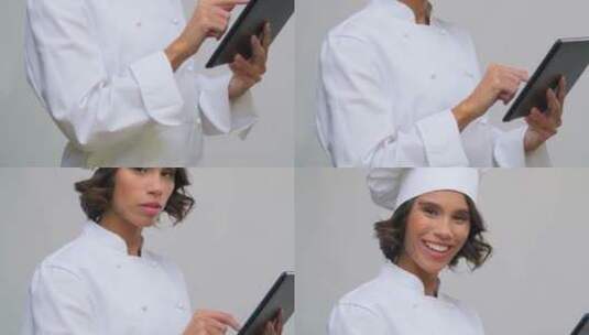 女厨师在玩平板电脑高清在线视频素材下载