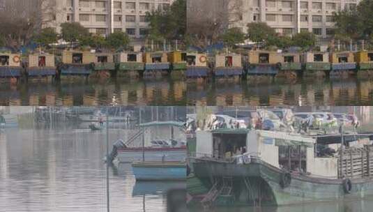 珠江口岸江边小镇胥家人水域江上小渔船行驶高清在线视频素材下载