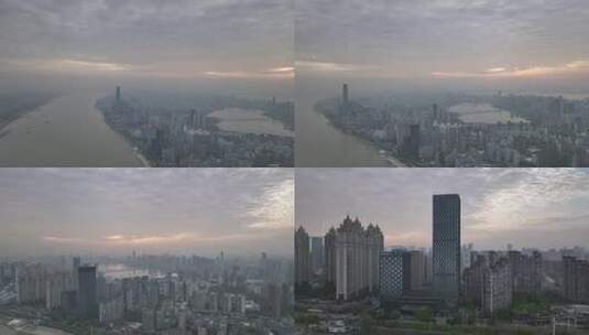 武汉武昌江滩清晨航拍高清在线视频素材下载
