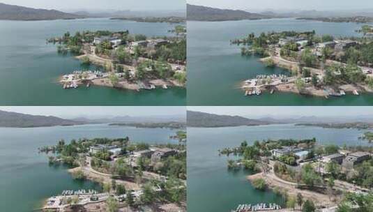 红色文化旅游西柏坡水库航拍鸟瞰湖水荡漾高清在线视频素材下载