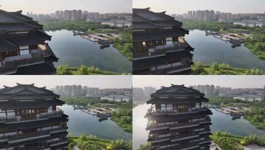 淄博海岱楼清晨航拍高清在线视频素材下载
