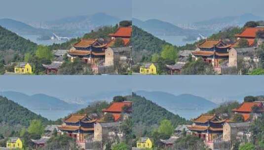 航拍春天云龙湖风景区兴化禅寺,徐州寺庙高清在线视频素材下载