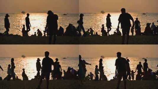 海南三亚椰梦长廊傍晚夕阳沙滩人物剪影高清在线视频素材下载
