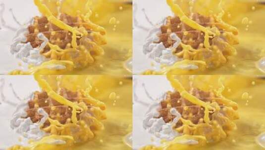 华夫饼鸡蛋液牛奶碰撞高速摄影机高清在线视频素材下载