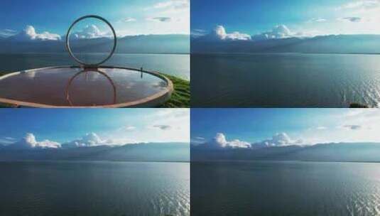 无人机穿过圆环看洱海高清在线视频素材下载