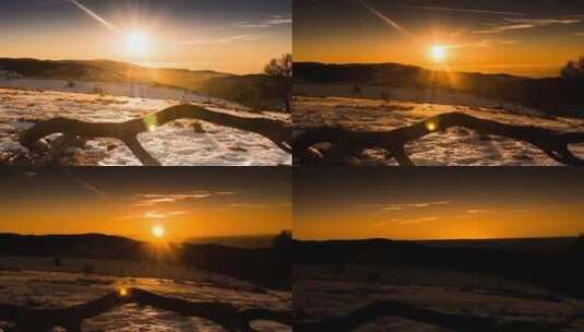 特写在落满雪花的平原上看日落余晖高清在线视频素材下载