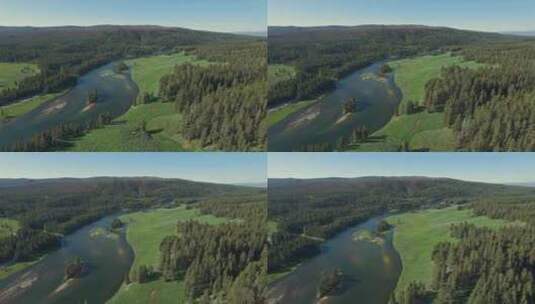 流淌的河流穿过绿地和森林的鸟瞰图高清在线视频素材下载