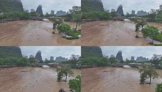 桂林夏季暴雨洪水航拍高清在线视频素材下载