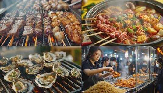 城市夜市烧烤小吃美食街夜生活小吃夜景ai高清在线视频素材下载