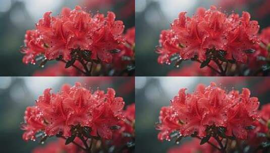 红色杜鹃花雨后带水珠清新特写视频高清在线视频素材下载