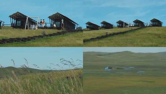 草原上的木屋与人物活动高清在线视频素材下载