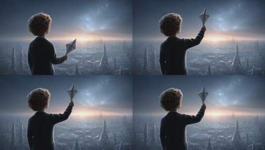 少年手持纸飞机眺望未来城市高清在线视频素材下载