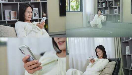 女生轻松惬意居家玩手机高清在线视频素材下载
