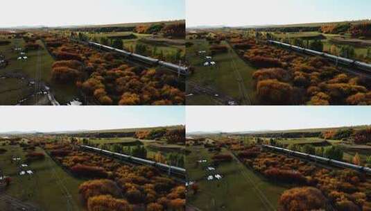 草原上行驶的绿皮火车高清在线视频素材下载