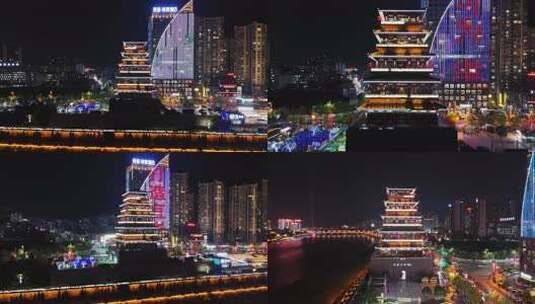 陕西安康美术馆夜景安康西城阁夜景航拍合集高清在线视频素材下载