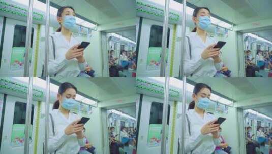 青年女人戴着口罩乘坐地铁高清在线视频素材下载