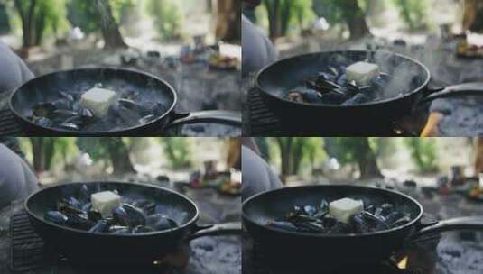 贻贝在野外烹饪高清在线视频素材下载