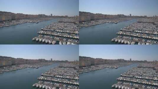 航拍停泊在马赛港的船只高清在线视频素材下载