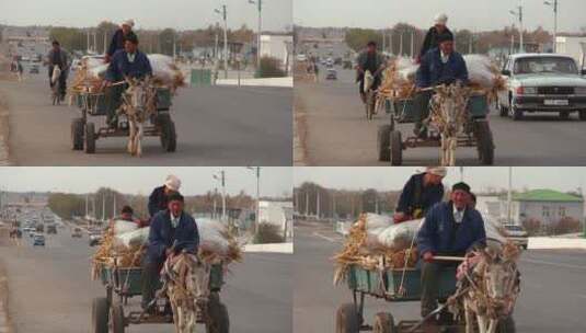 一辆驴车在繁忙的公路上行驶高清在线视频素材下载