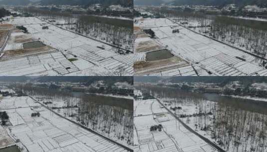 航拍南方丘陵山川森林美丽乡村雪景高清在线视频素材下载